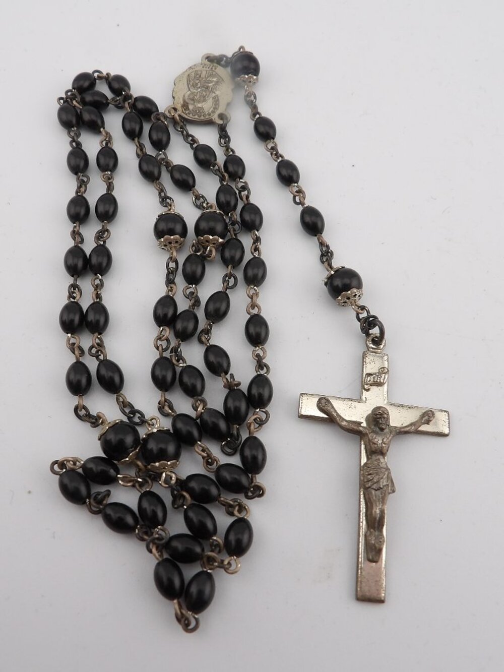 Vintage Creed Sterling Black Glass Rosary Beads
